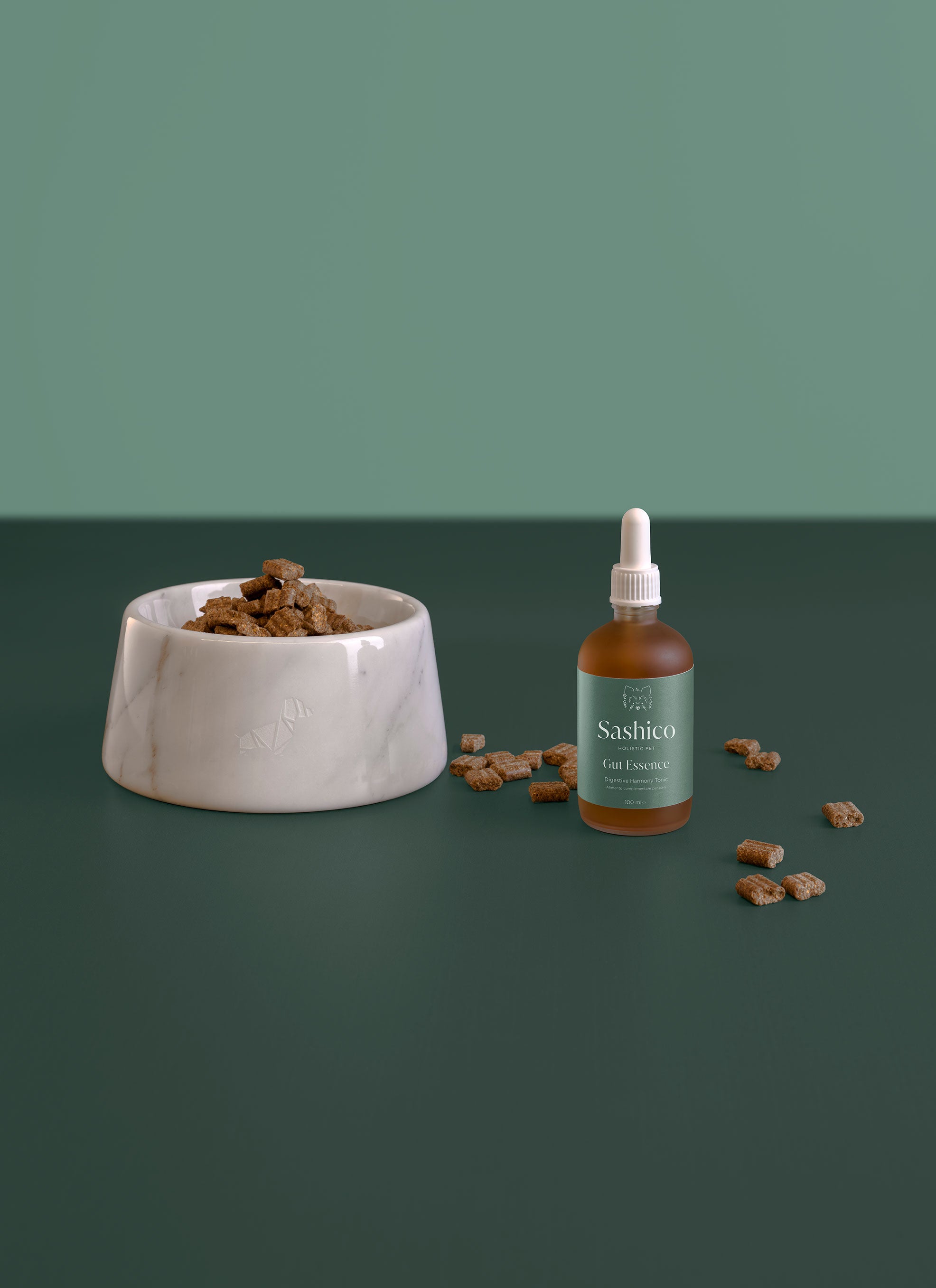 Bowl of pet food and bottle of Sashio pet supplement on a green background