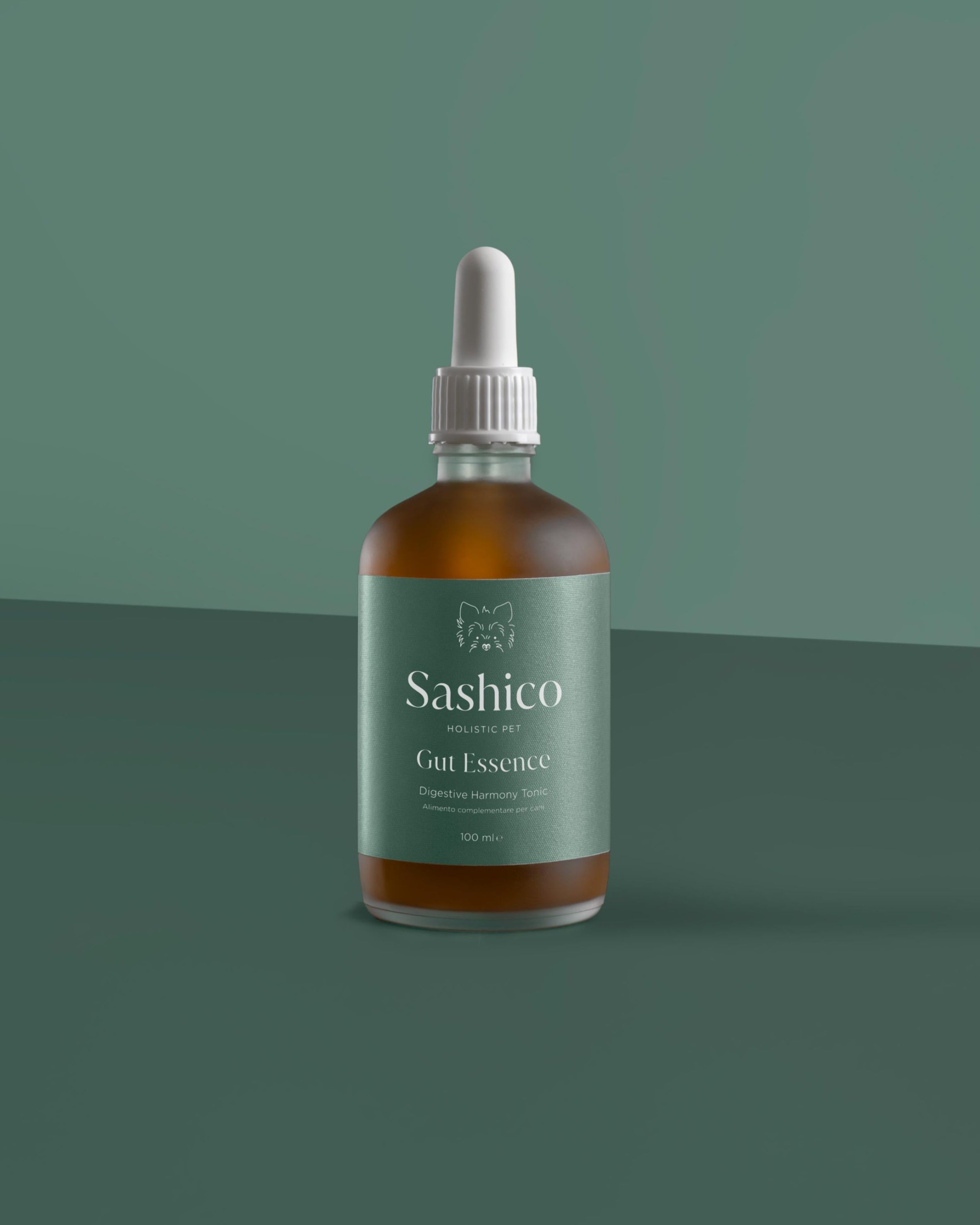 Sashico Gut Essence bottle with dropper on a green background